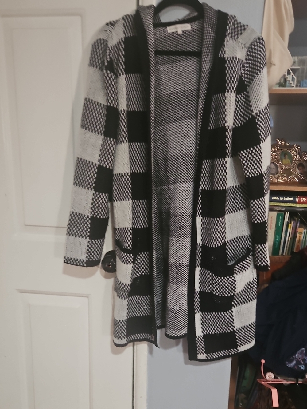 Madison Black and White Checked Hooded Open-Front Cardigan